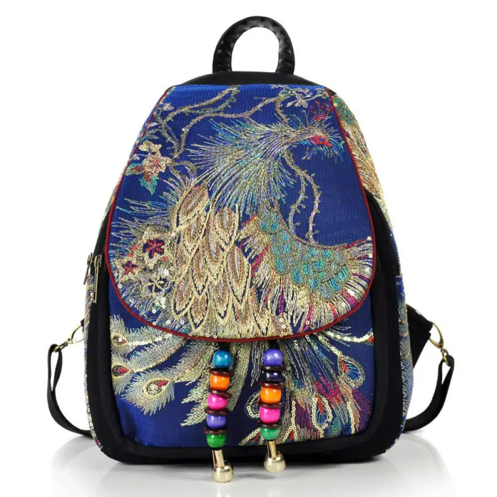 Buddha Stones Peacock Embroidery Canvas Tassel Backpack - Dark Blue Peacock - Backpack