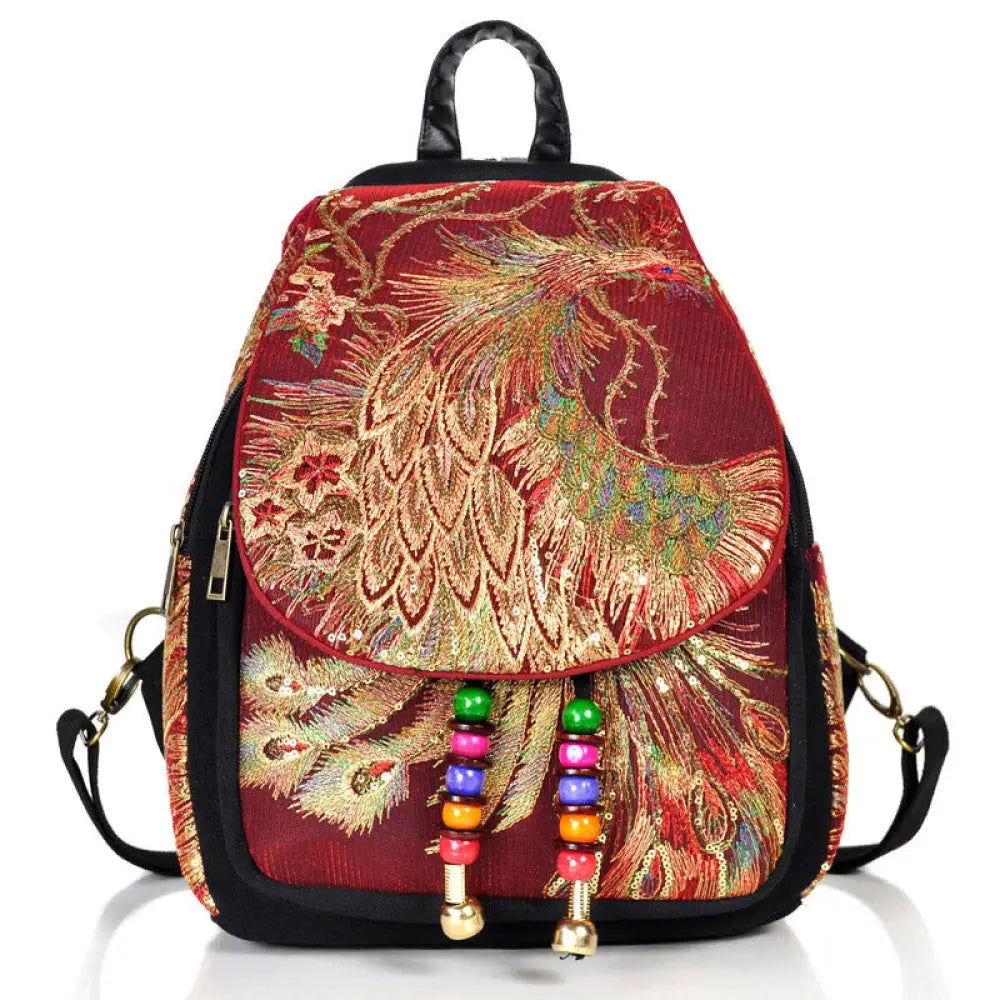 Buddha Stones Peacock Embroidery Canvas Tassel Backpack - Wine Red Peacock - Backpack