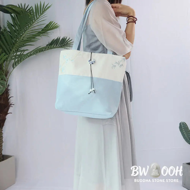 Buddha Stones Pear Flower Plum Peach Blossom Bamboo Embroidery Canvas Large Capacity Shoulder Bag Tote Bag - Bag