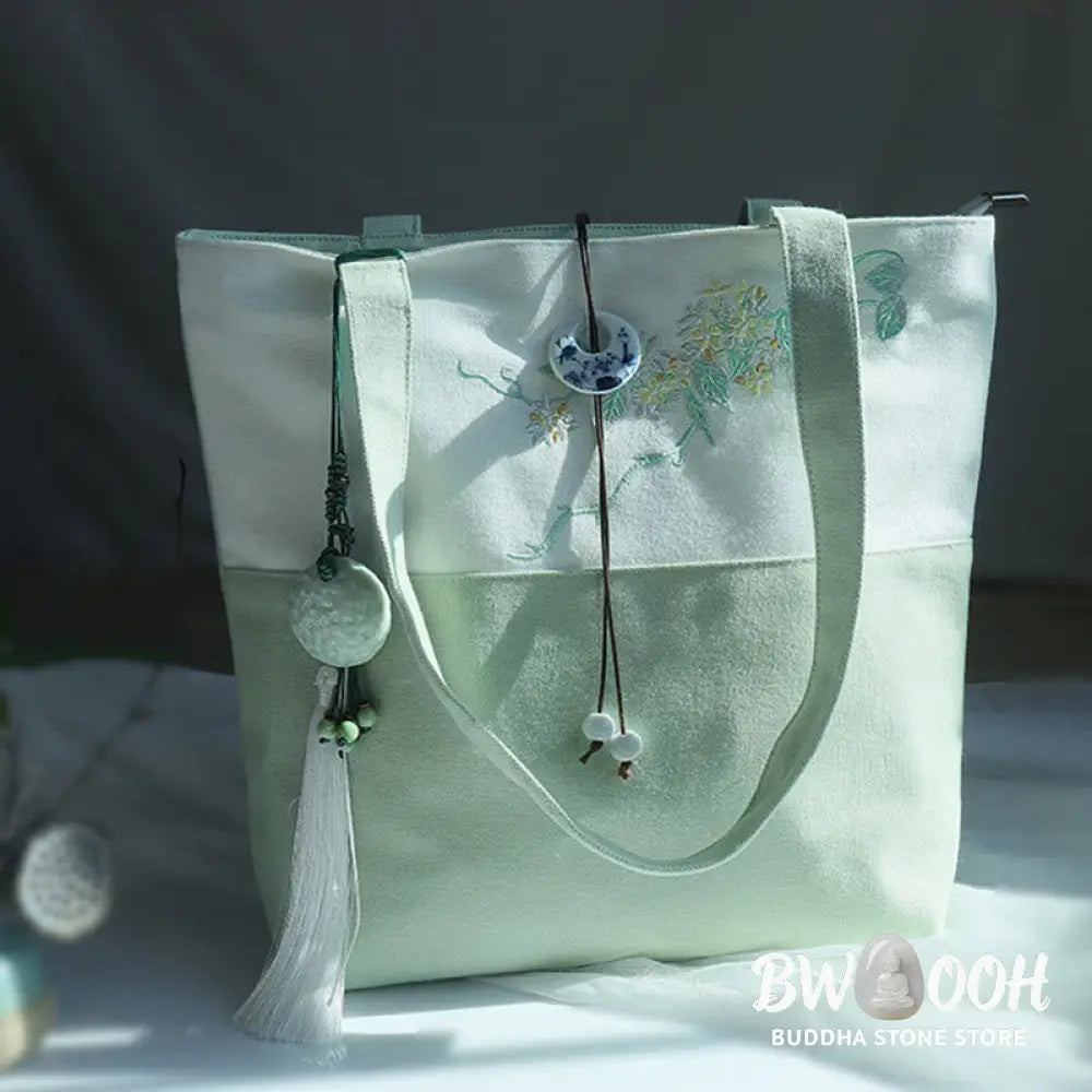 Buddha Stones Pear Flower Plum Peach Blossom Bamboo Embroidery Canvas Large Capacity Shoulder Bag Tote Bag - Bag