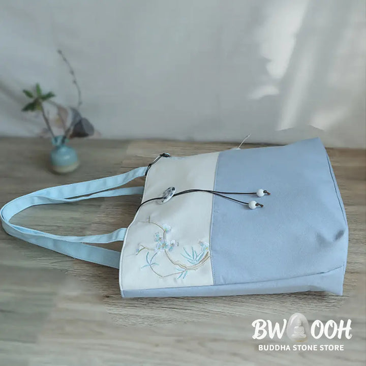 Buddha Stones Pear Flower Plum Peach Blossom Bamboo Embroidery Canvas Large Capacity Shoulder Bag Tote Bag - Bag