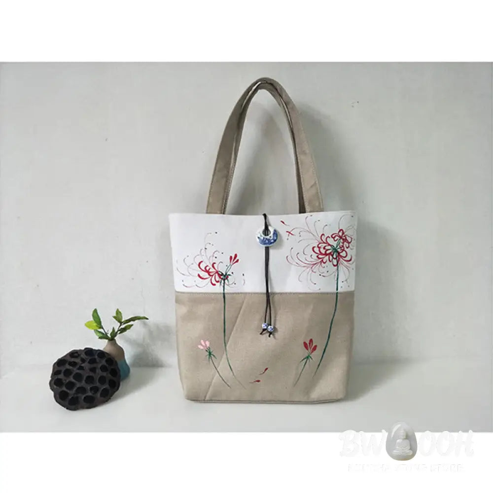 Buddha Stones Pear Flower Plum Peach Blossom Bamboo Embroidery Canvas Large Capacity Shoulder Bag Tote Bag - Bag