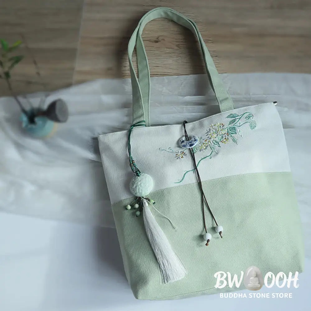 Buddha Stones Pear Flower Plum Peach Blossom Bamboo Embroidery Canvas Large Capacity Shoulder Bag Tote Bag - Bag