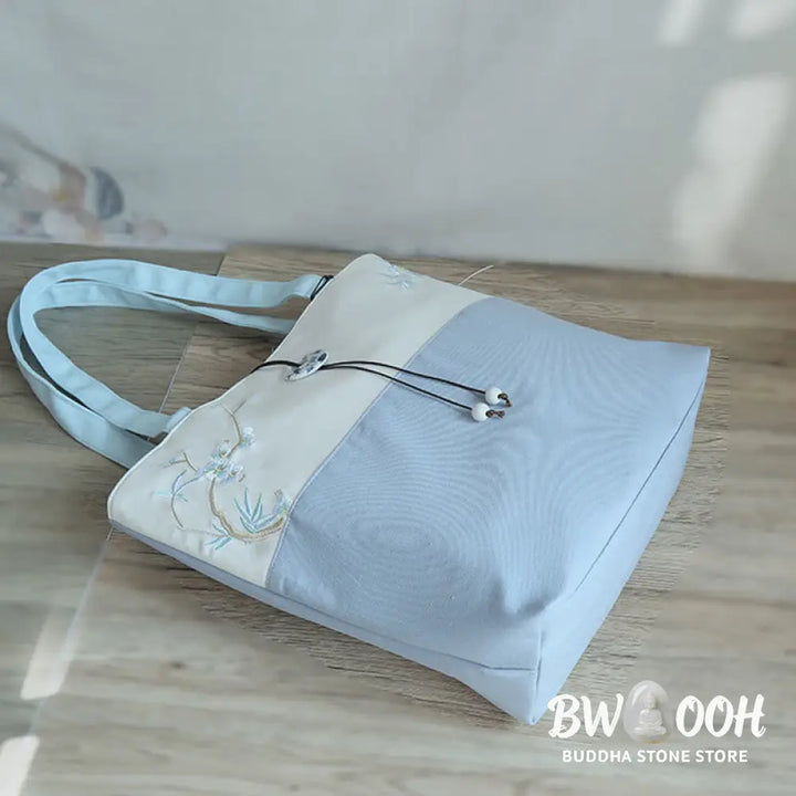 Buddha Stones Pear Flower Plum Peach Blossom Bamboo Embroidery Canvas Large Capacity Shoulder Bag Tote Bag - Bag