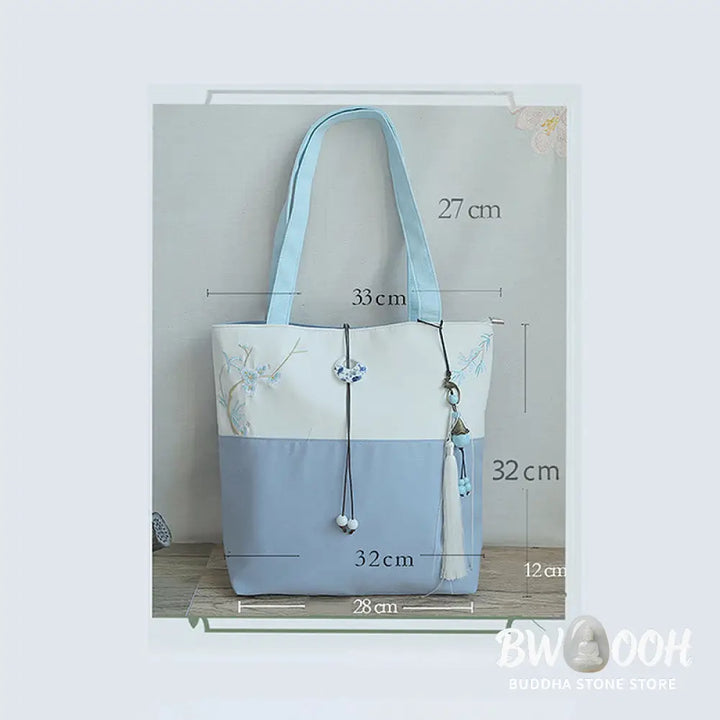 Buddha Stones Pear Flower Plum Peach Blossom Bamboo Embroidery Canvas Large Capacity Shoulder Bag Tote Bag - Bag