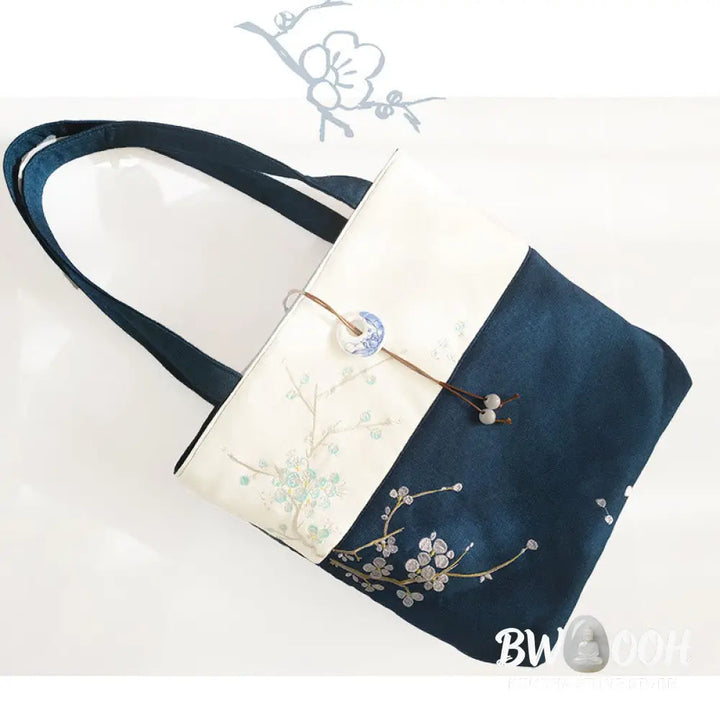 Buddha Stones Pear Flower Plum Peach Blossom Bamboo Embroidery Canvas Large Capacity Shoulder Bag Tote Bag - Bag