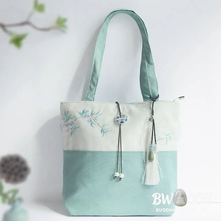 Buddha Stones Pear Flower Plum Peach Blossom Bamboo Embroidery Canvas Large Capacity Shoulder Bag Tote Bag - Bag
