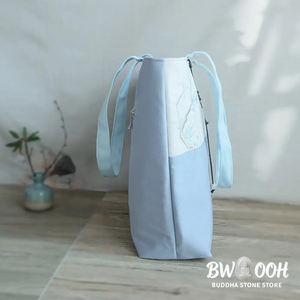 Buddha Stones Pear Flower Plum Peach Blossom Bamboo Embroidery Canvas Large Capacity Shoulder Bag Tote Bag - Bag