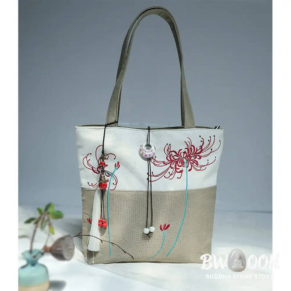 Buddha Stones Pear Flower Plum Peach Blossom Bamboo Embroidery Canvas Large Capacity Shoulder Bag Tote Bag - Bag