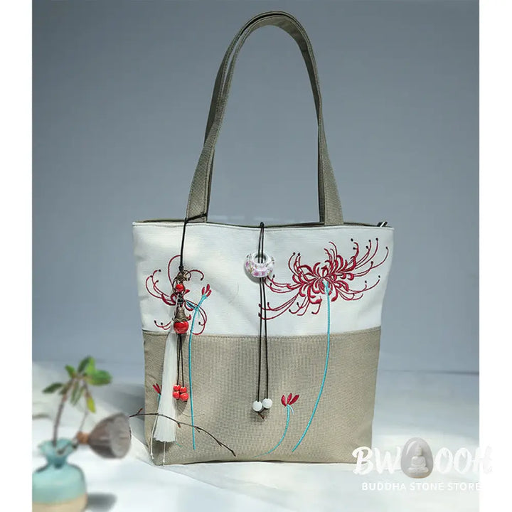 Buddha Stones Pear Flower Plum Peach Blossom Bamboo Embroidery Canvas Large Capacity Shoulder Bag Tote Bag - Bag