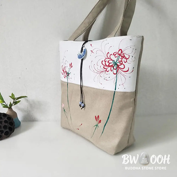 Buddha Stones Pear Flower Plum Peach Blossom Bamboo Embroidery Canvas Large Capacity Shoulder Bag Tote Bag - Bag