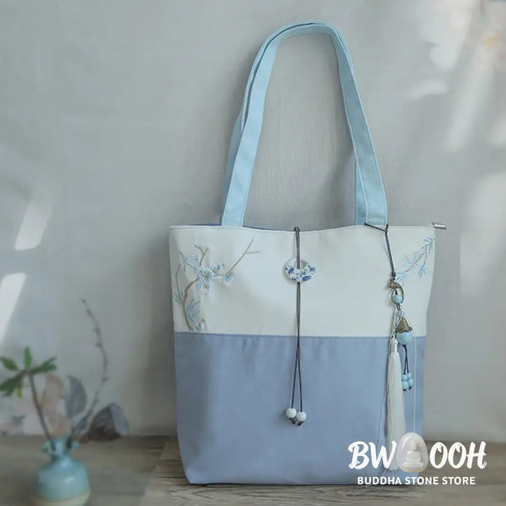 Buddha Stones Pear Flower Plum Peach Blossom Bamboo Embroidery Canvas Large Capacity Shoulder Bag Tote Bag - Bag