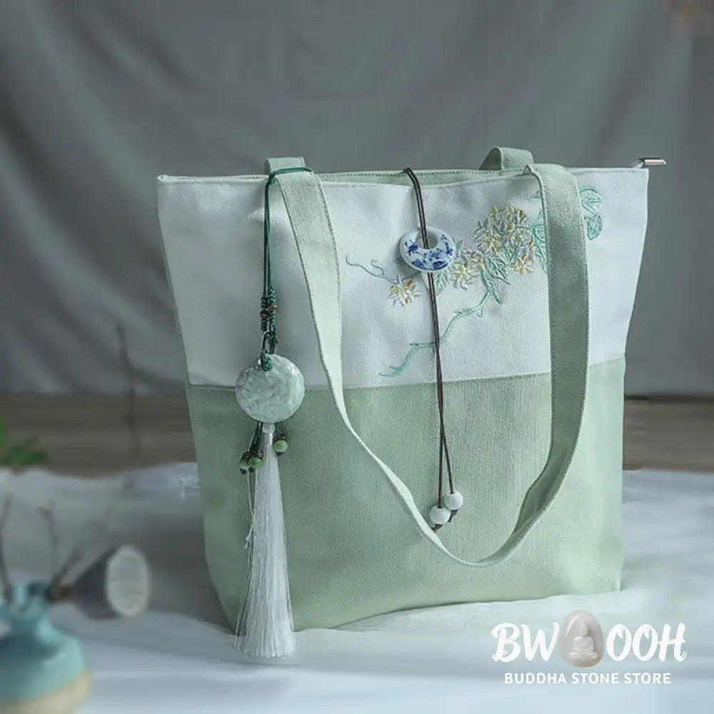 Buddha Stones Pear Flower Plum Peach Blossom Bamboo Embroidery Canvas Large Capacity Shoulder Bag Tote Bag - Bag
