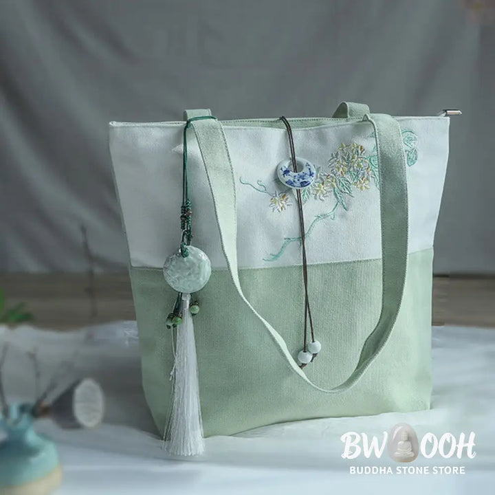 Buddha Stones Pear Flower Plum Peach Blossom Bamboo Embroidery Canvas Large Capacity Shoulder Bag Tote Bag - Bag