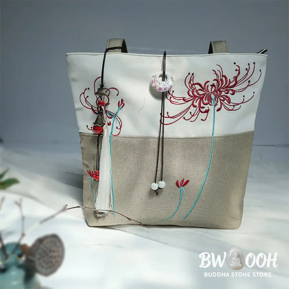 Buddha Stones Pear Flower Plum Peach Blossom Bamboo Embroidery Canvas Large Capacity Shoulder Bag Tote Bag - Bag