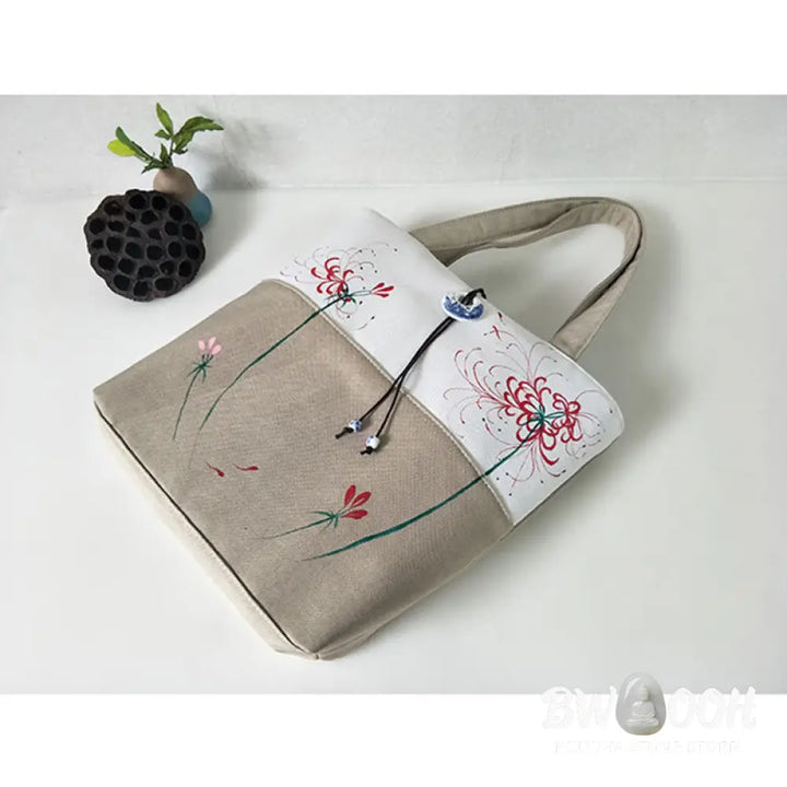 Buddha Stones Pear Flower Plum Peach Blossom Bamboo Embroidery Canvas Large Capacity Shoulder Bag Tote Bag - Bag