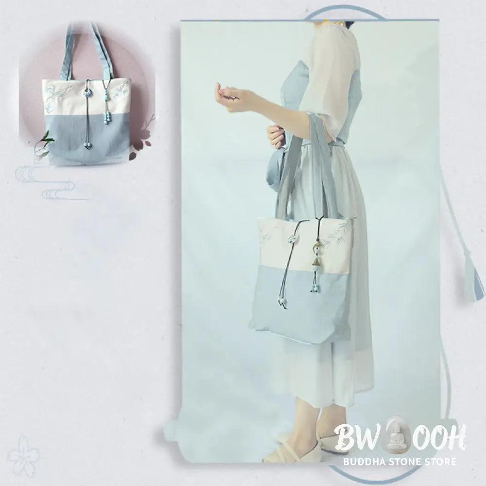 Buddha Stones Pear Flower Plum Peach Blossom Bamboo Embroidery Canvas Large Capacity Shoulder Bag Tote Bag - Bag