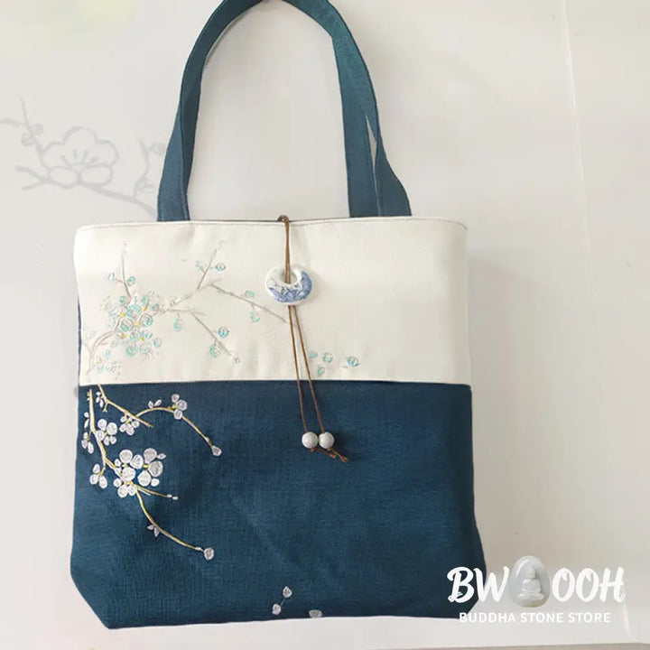 Buddha Stones Pear Flower Plum Peach Blossom Bamboo Embroidery Canvas Large Capacity Shoulder Bag Tote Bag - Bag
