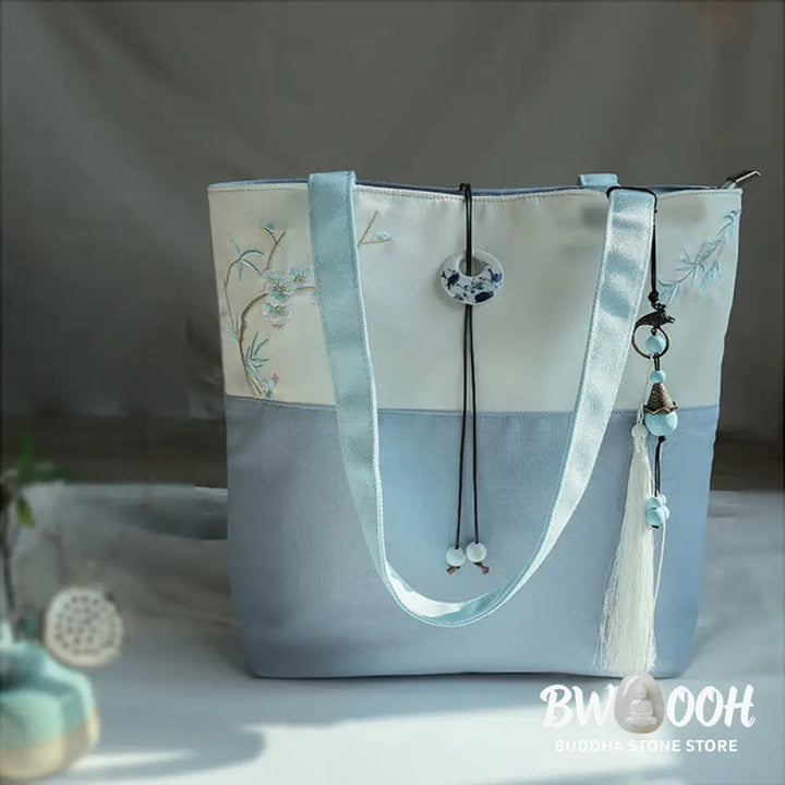 Buddha Stones Pear Flower Plum Peach Blossom Bamboo Embroidery Canvas Large Capacity Shoulder Bag Tote Bag - Bag