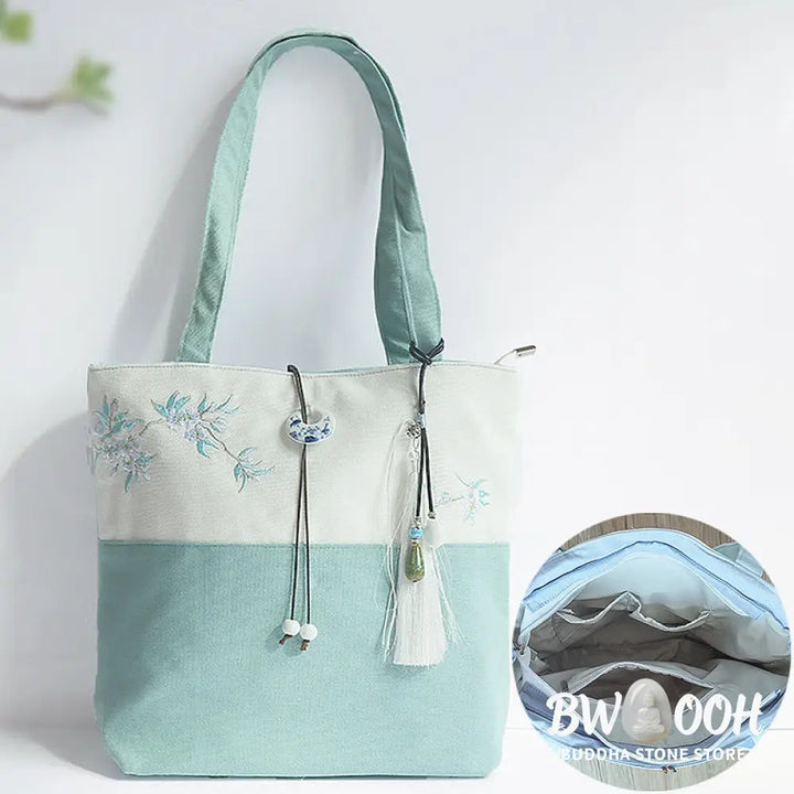 Buddha Stones Pear Flower Plum Peach Blossom Bamboo Embroidery Canvas Large Capacity Shoulder Bag Tote Bag - Bag