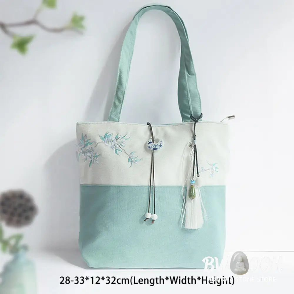 Buddha Stones Pear Flower Plum Peach Blossom Bamboo Embroidery Canvas Large Capacity Shoulder Bag Tote Bag - Bag