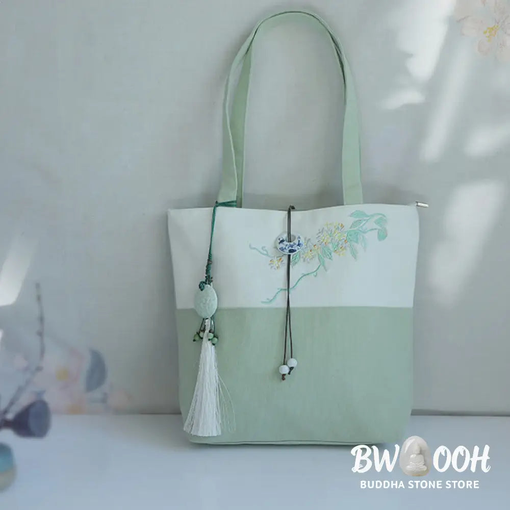 Buddha Stones Pear Flower Plum Peach Blossom Bamboo Embroidery Canvas Large Capacity Shoulder Bag Tote Bag - Bag