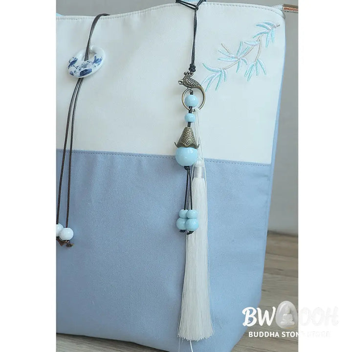 Buddha Stones Pear Flower Plum Peach Blossom Bamboo Embroidery Canvas Large Capacity Shoulder Bag Tote Bag - Bag