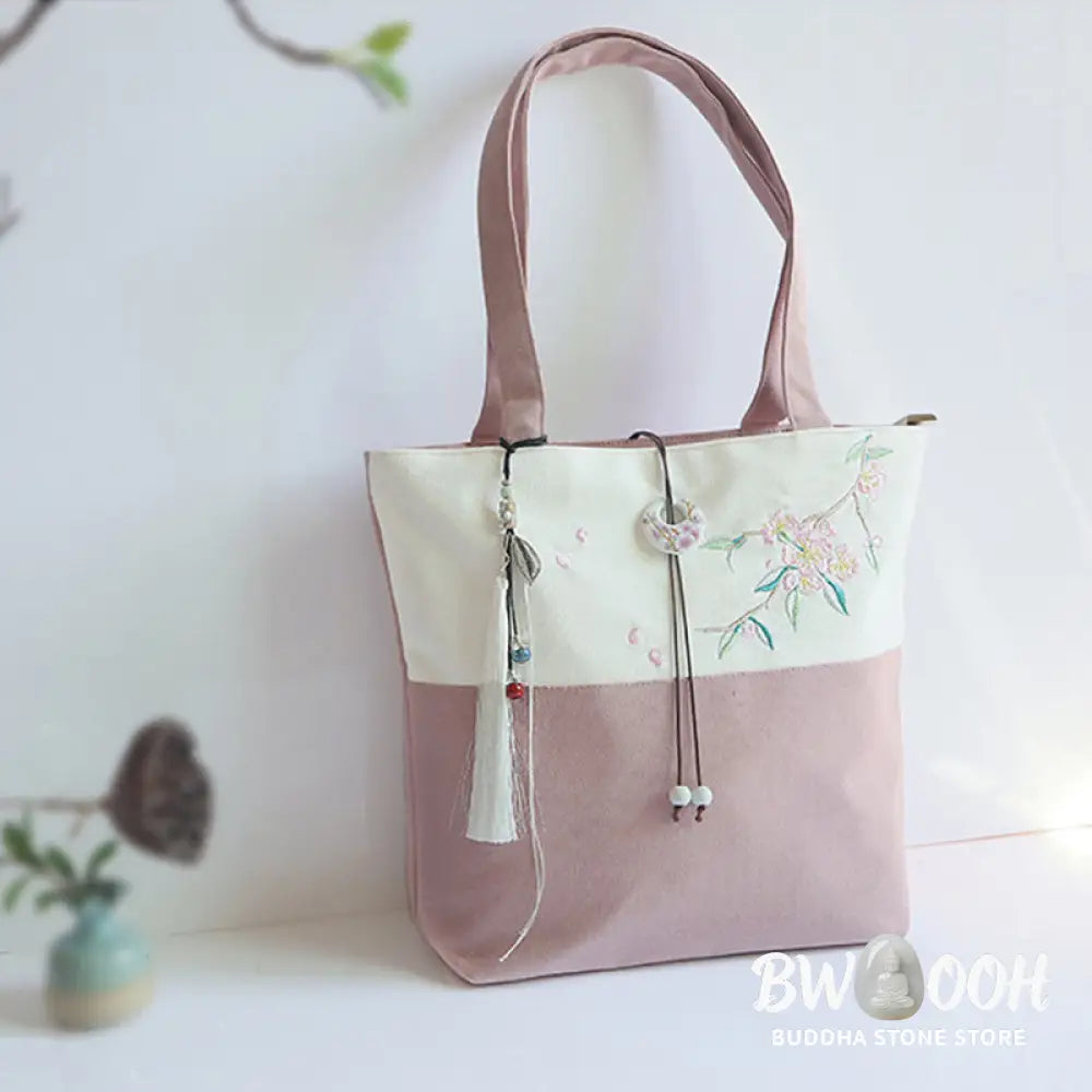 Buddha Stones Pear Flower Plum Peach Blossom Bamboo Embroidery Canvas Large Capacity Shoulder Bag Tote Bag - Bag