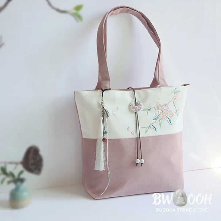 Buddha Stones Pear Flower Plum Peach Blossom Bamboo Embroidery Canvas Large Capacity Shoulder Bag Tote Bag - Bag