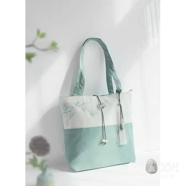 Buddha Stones Pear Flower Plum Peach Blossom Bamboo Embroidery Canvas Large Capacity Shoulder Bag Tote Bag - Bag