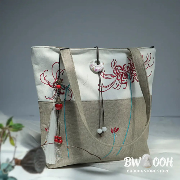 Buddha Stones Pear Flower Plum Peach Blossom Bamboo Embroidery Canvas Large Capacity Shoulder Bag Tote Bag - Bag
