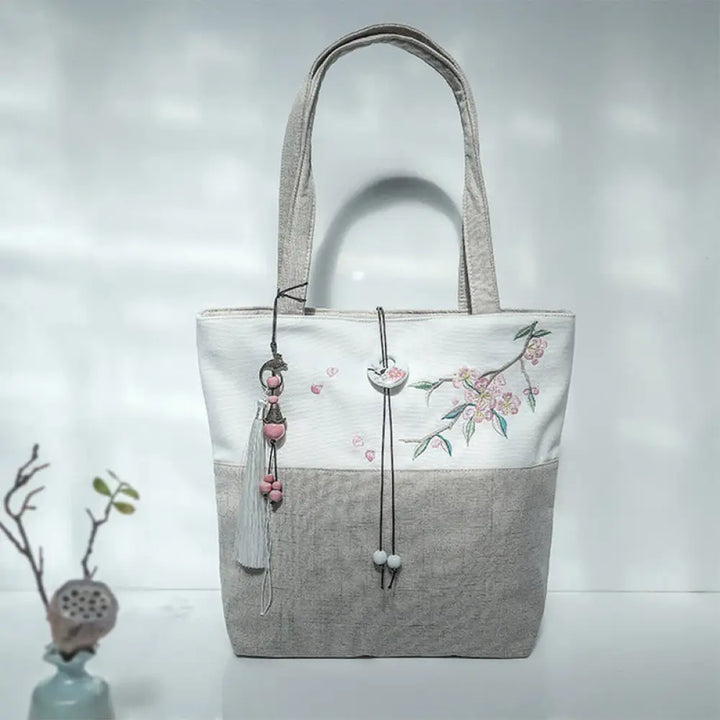 Buddha Stones Pear Flower Plum Peach Blossom Bamboo Embroidery Canvas Large Capacity Shoulder Bag Tote Bag - Beige