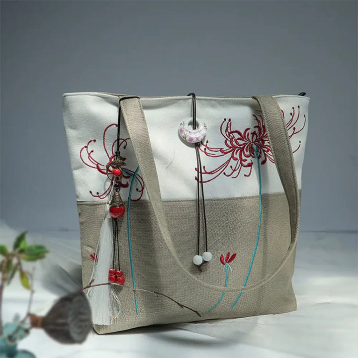 Buddha Stones Pear Flower Plum Peach Blossom Bamboo Embroidery Canvas Large Capacity Shoulder Bag Tote Bag - Beige