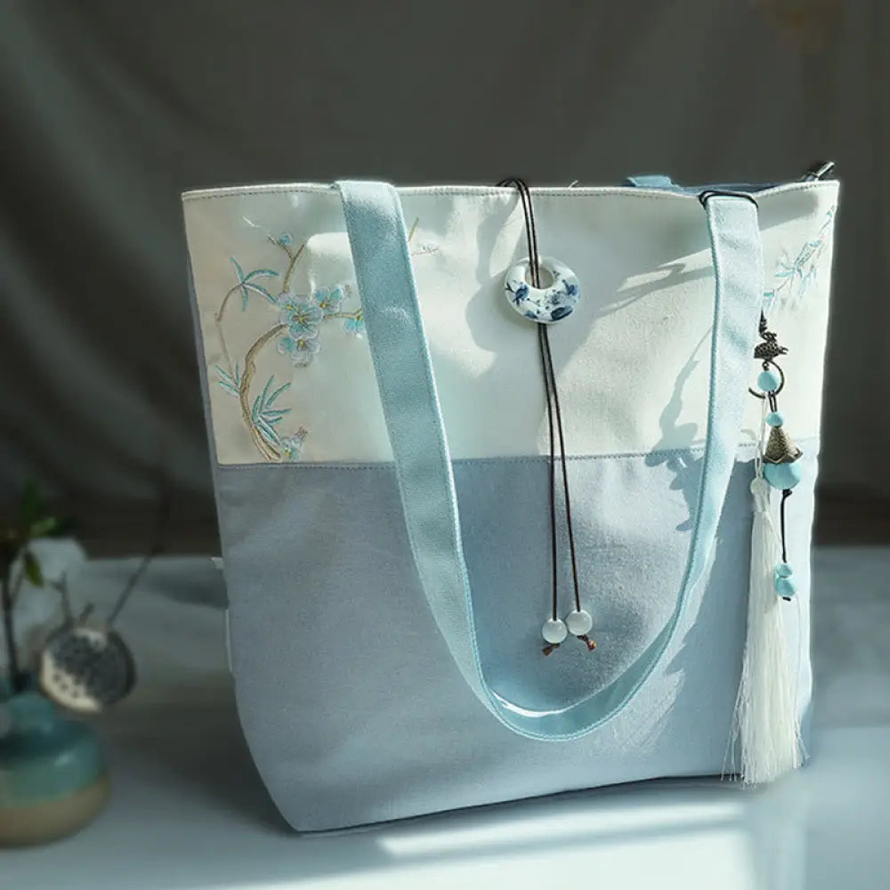Buddha Stones Pear Flower Plum Peach Blossom Bamboo Embroidery Canvas Large Capacity Shoulder Bag Tote Bag - Blue White
