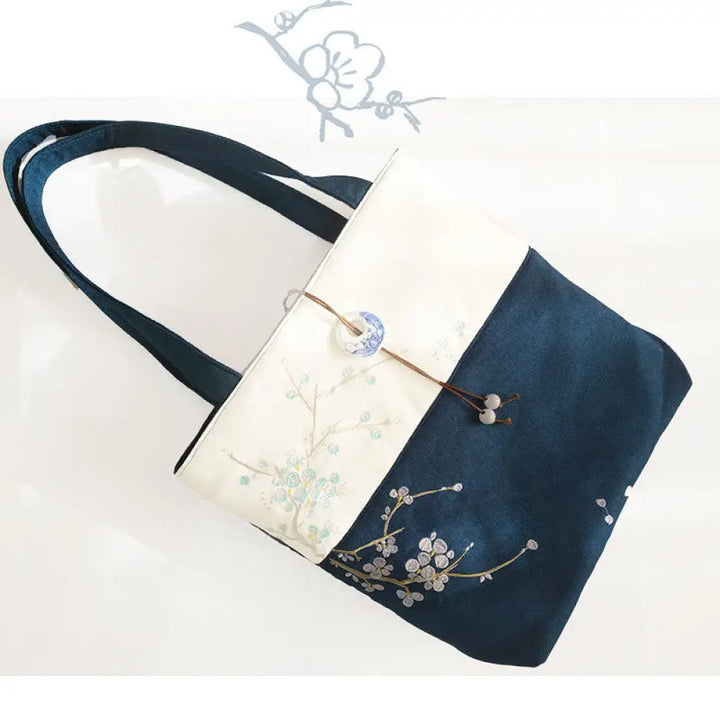 Buddha Stones Pear Flower Plum Peach Blossom Bamboo Embroidery Canvas Large Capacity Shoulder Bag Tote Bag - Dark Blue