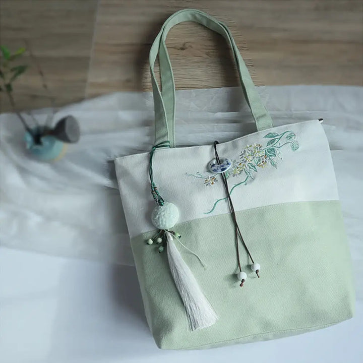 Buddha Stones Pear Flower Plum Peach Blossom Bamboo Embroidery Canvas Large Capacity Shoulder Bag Tote Bag - Green