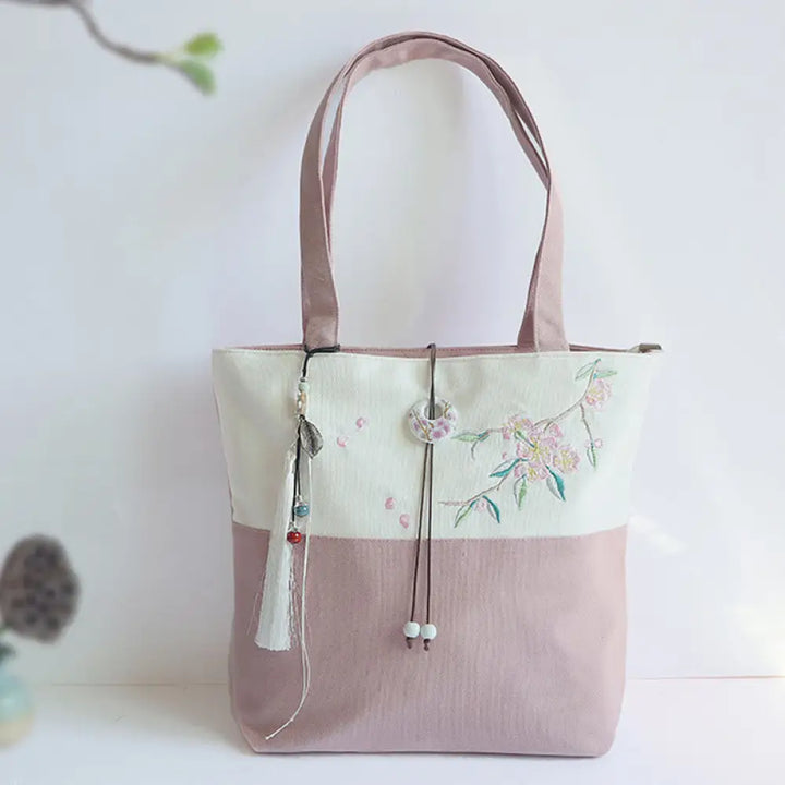 Buddha Stones Pear Flower Plum Peach Blossom Bamboo Embroidery Canvas Large Capacity Shoulder Bag Tote Bag - Pink White