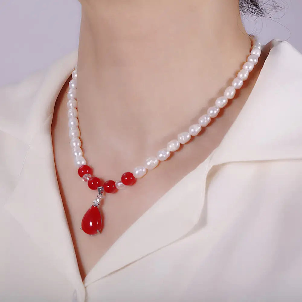 Buddha Stones Pearl Bead Waterdrop Calm Peace Necklace Pendant - BWOOOH - Red - Necklaces &amp; Pendants