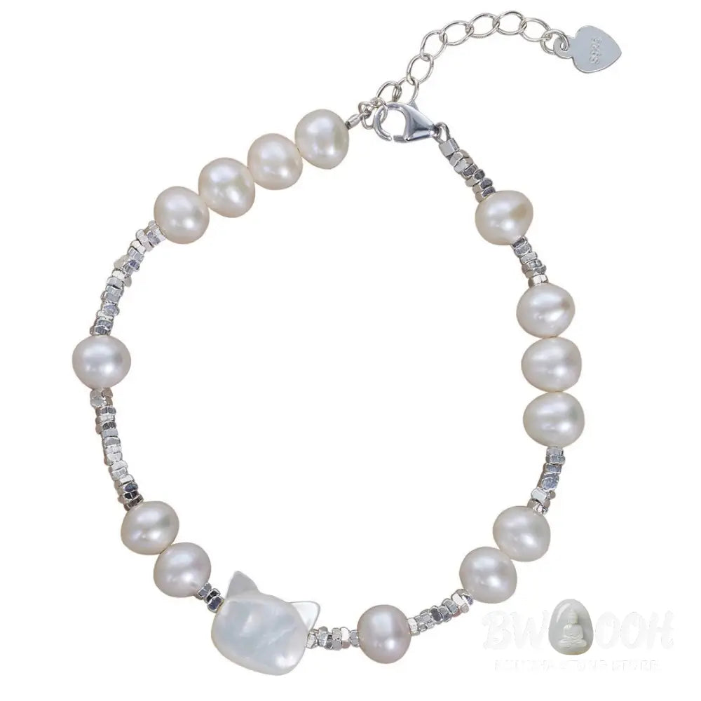 Buddha Stones Pearl Cat Head Tridacna Stone Silver Healing Bracelet - BWOOOH - Pearl(Wrist Circumference 14-16cm)