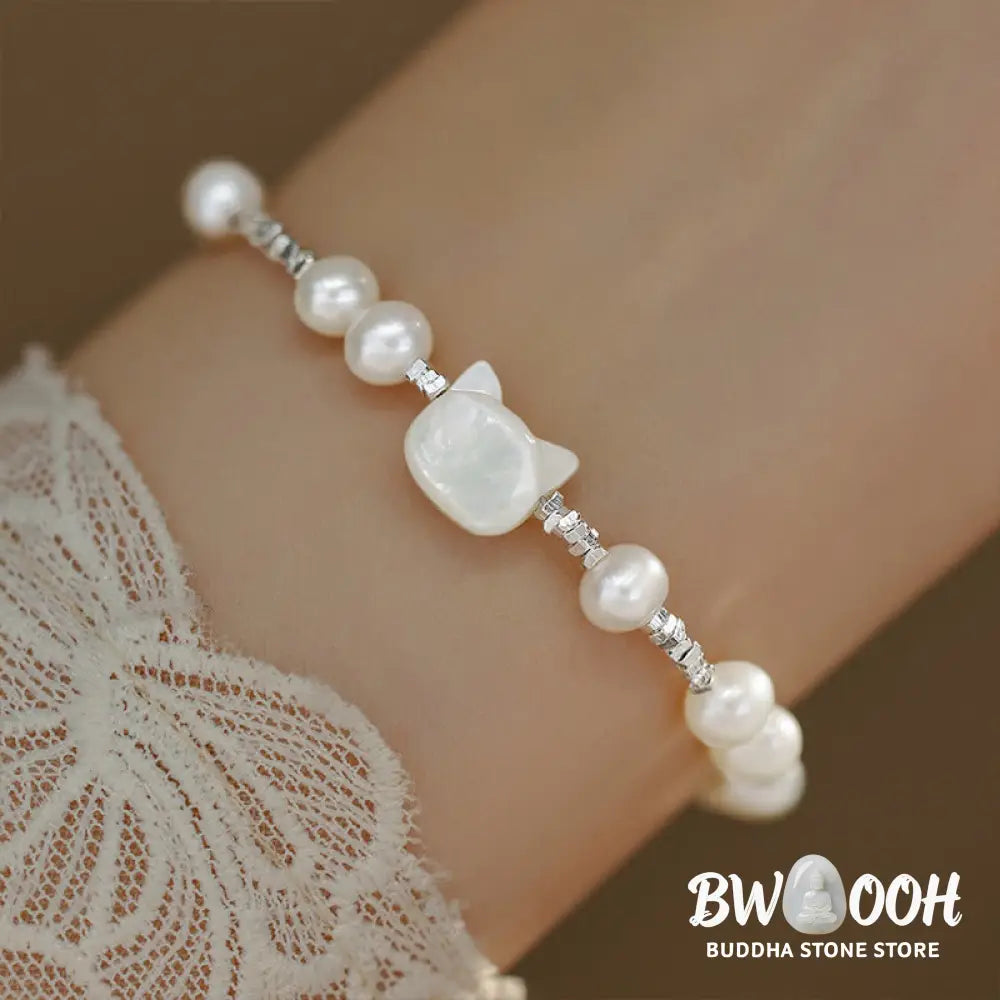 Buddha Stones Pearl Cat Head Tridacna Stone Silver Healing Bracelet - BWOOOH - Pearl(Wrist Circumference 14-16cm)