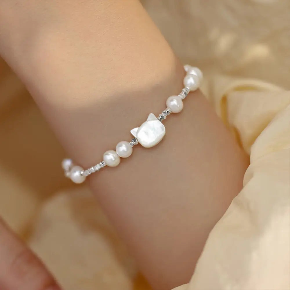 BWOOOH Pearl Cat Head Tridacna Stone Silver Healing Bracelet - BWOOOH - Pearl(Wrist Circumference 14-16cm)
