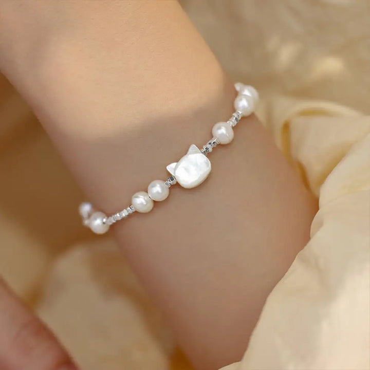 BWOOOH Pearl Cat Head Tridacna Stone Silver Healing Bracelet - BWOOOH - Pearl(Wrist Circumference 14-16cm)