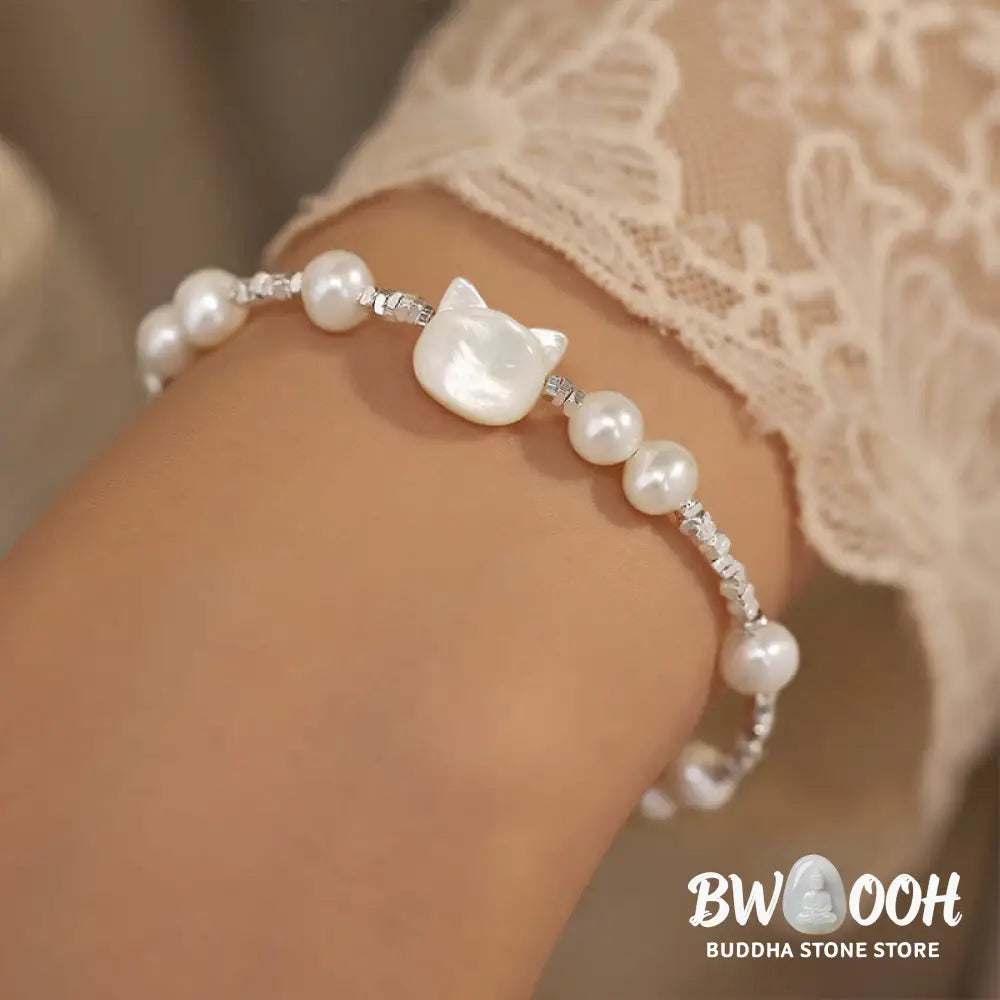 Buddha Stones Pearl Cat Head Tridacna Stone Silver Healing Bracelet - BWOOOH - Pearl(Wrist Circumference 14-16cm)