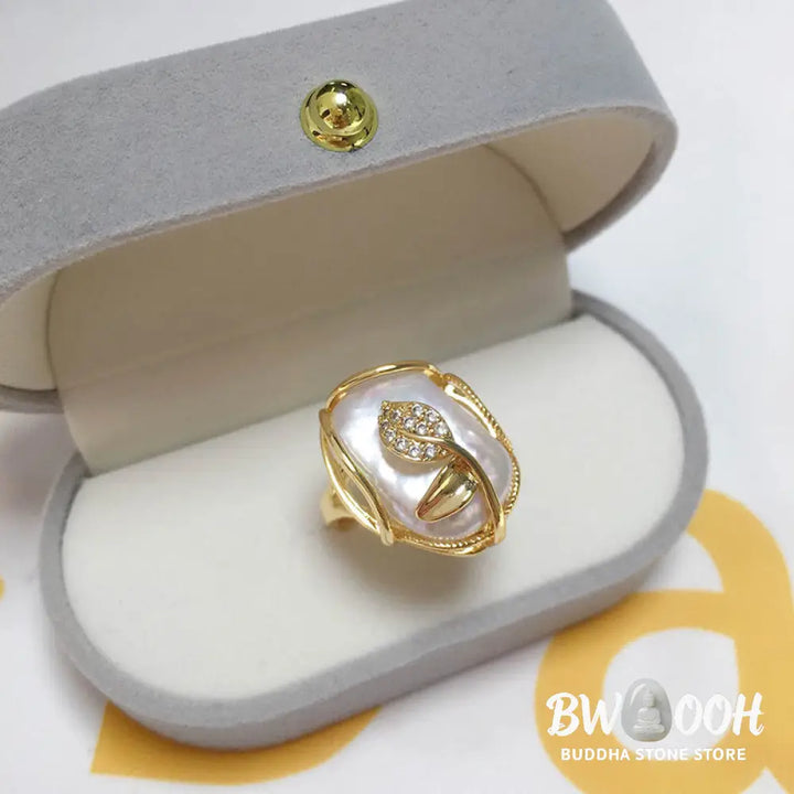 Buddha Stones Pearl Copper Plated Gold Flower Happiness Wealth Ring - BWOOOH - Ring