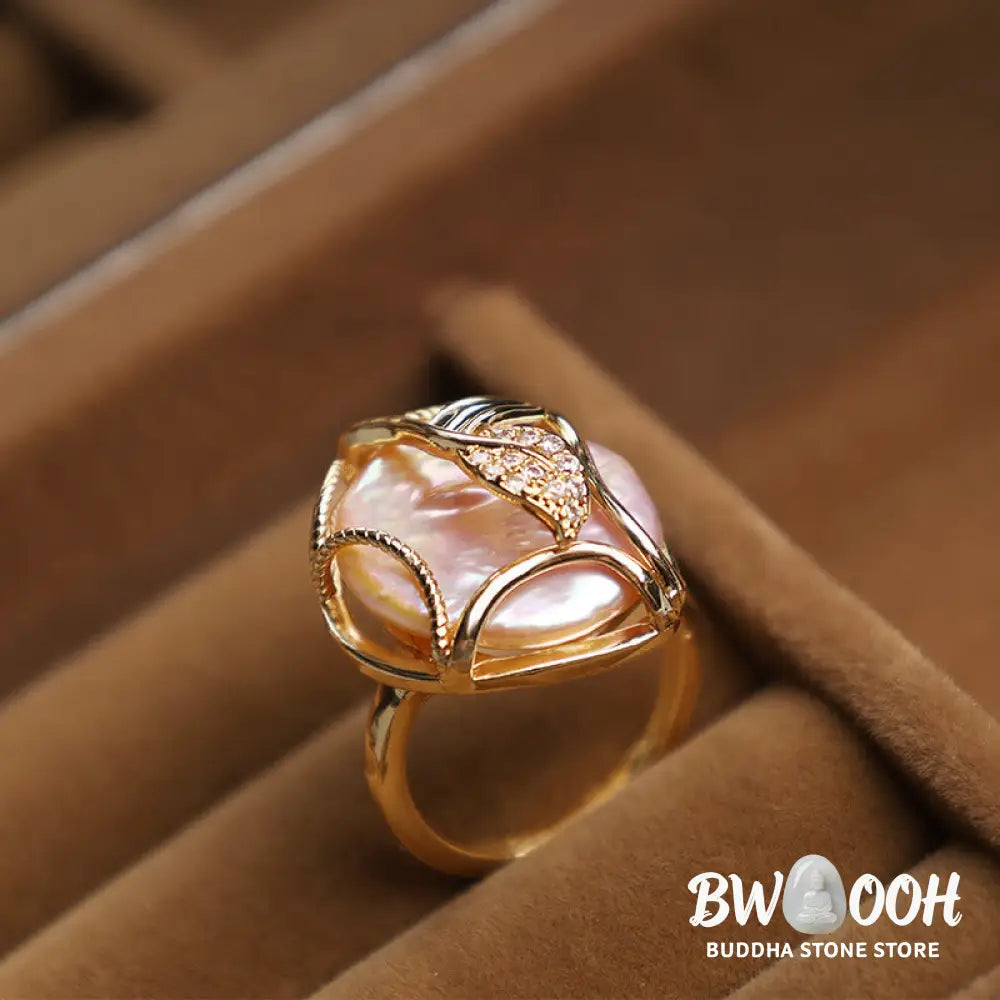 Buddha Stones Pearl Copper Plated Gold Flower Happiness Wealth Ring - BWOOOH - Ring