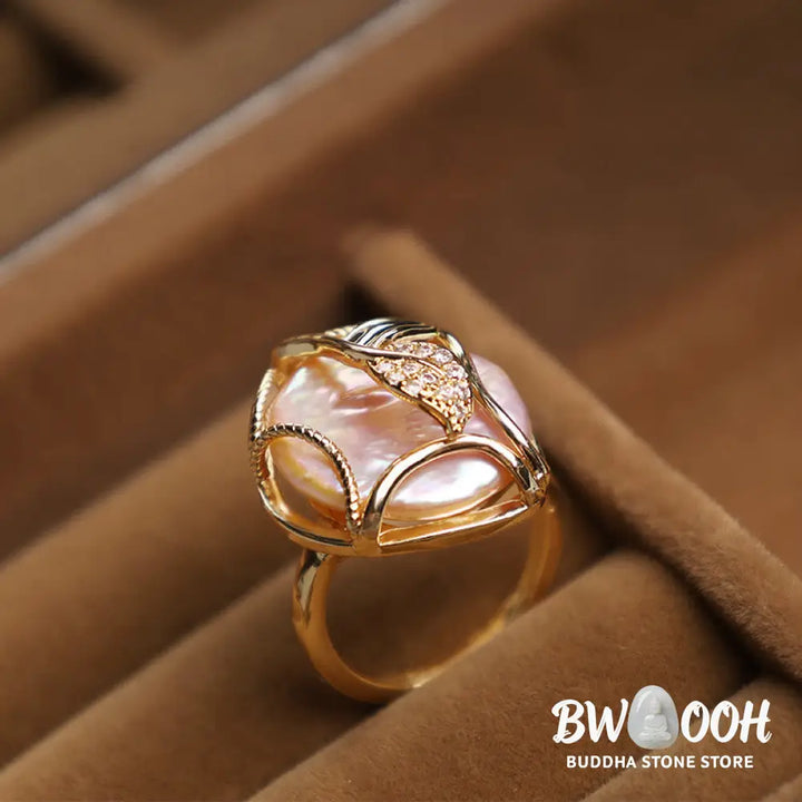 Buddha Stones Pearl Copper Plated Gold Flower Happiness Wealth Ring - BWOOOH - Ring