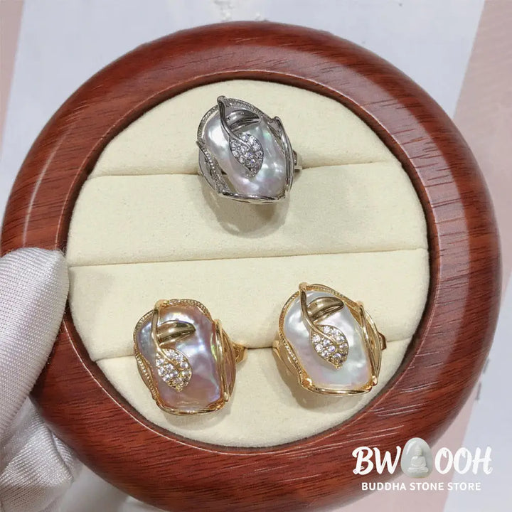 Buddha Stones Pearl Copper Plated Gold Flower Happiness Wealth Ring - BWOOOH - Ring