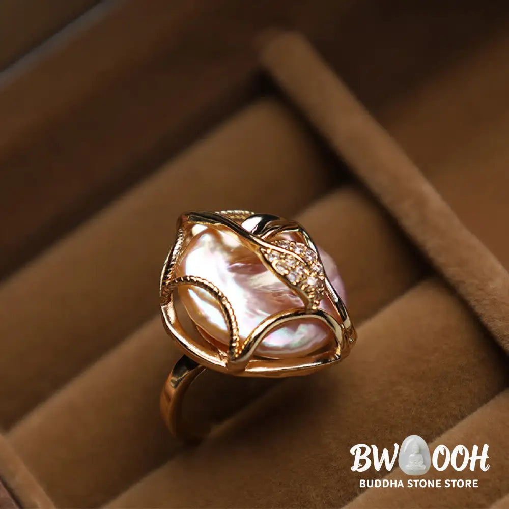 Buddha Stones Pearl Copper Plated Gold Flower Happiness Wealth Ring - BWOOOH - Ring