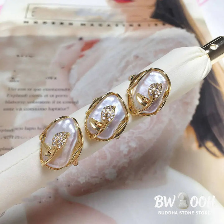 Buddha Stones Pearl Copper Plated Gold Flower Happiness Wealth Ring - BWOOOH - Ring