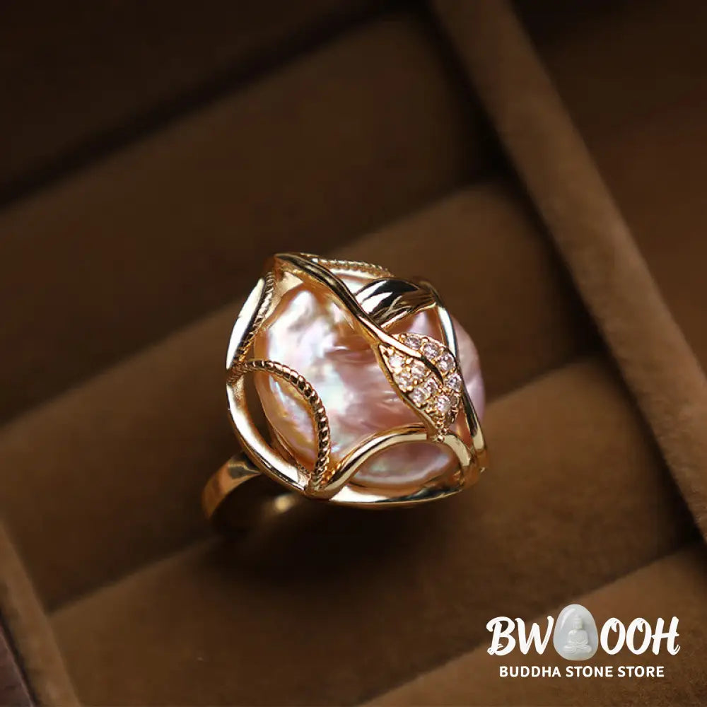 Buddha Stones Pearl Copper Plated Gold Flower Happiness Wealth Ring - BWOOOH - Ring